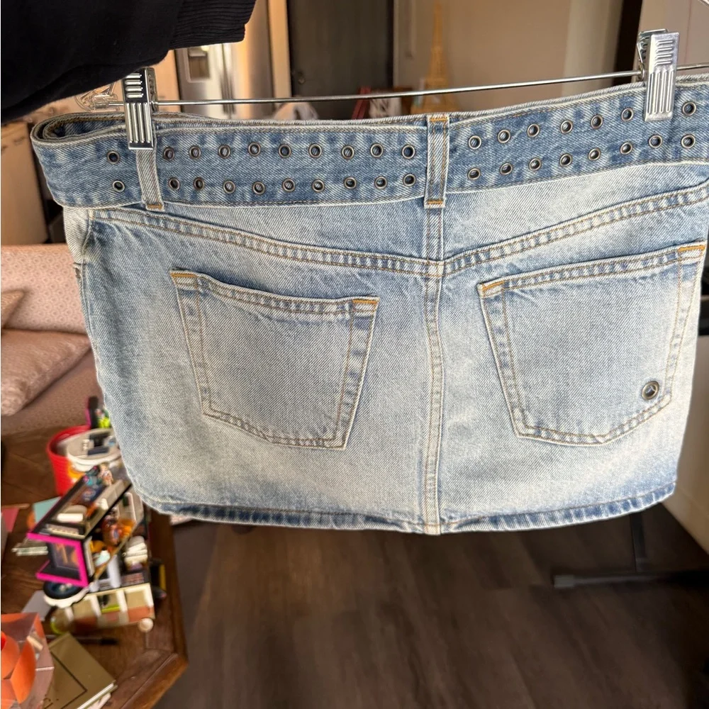 Guizio Light Wash Denim Mini Skirt with Studded Belt - Picture 2 of 3